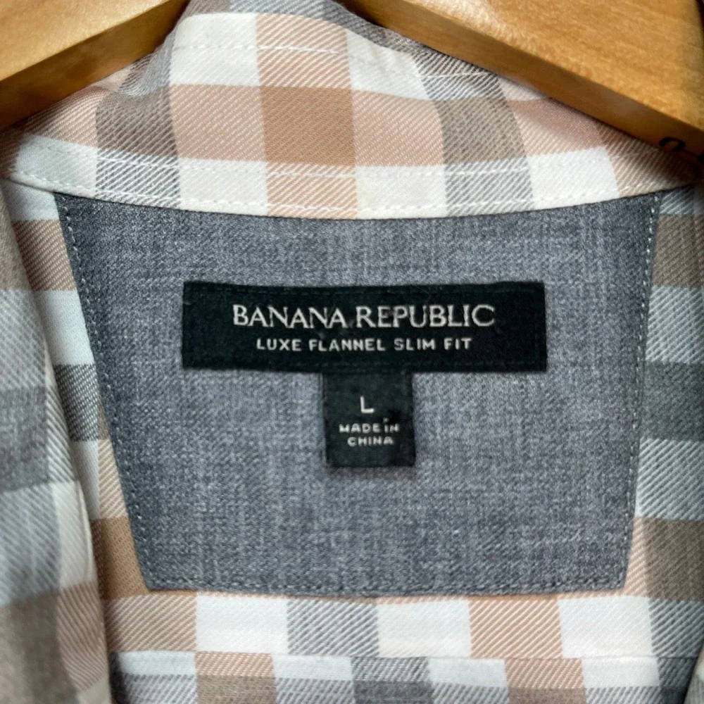 Banana Republic Button Down Shirt Men Large Tan Gray Gingham‎ Flannel Slim Fit